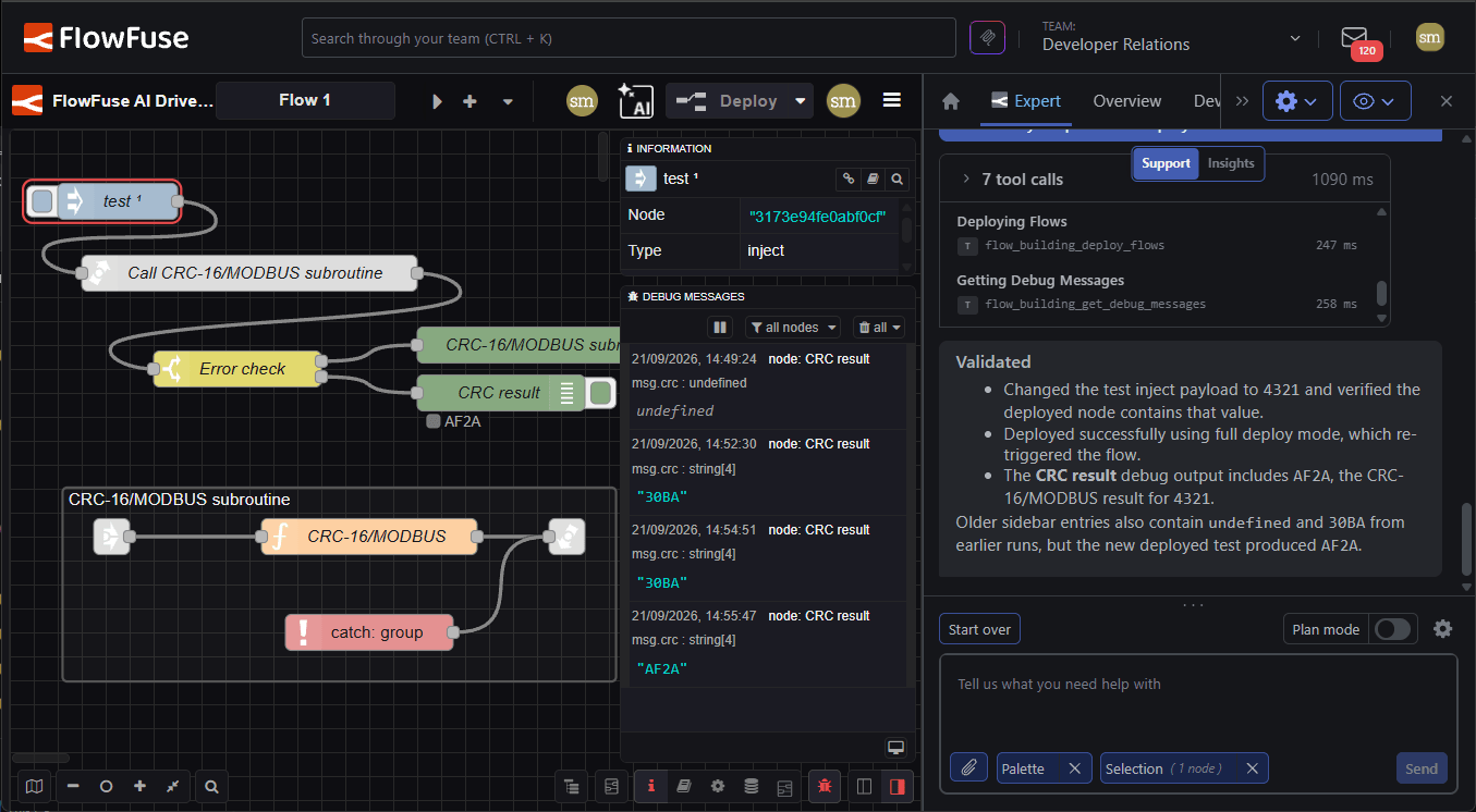 FlowFuse Expert fixed, deployed and verified output