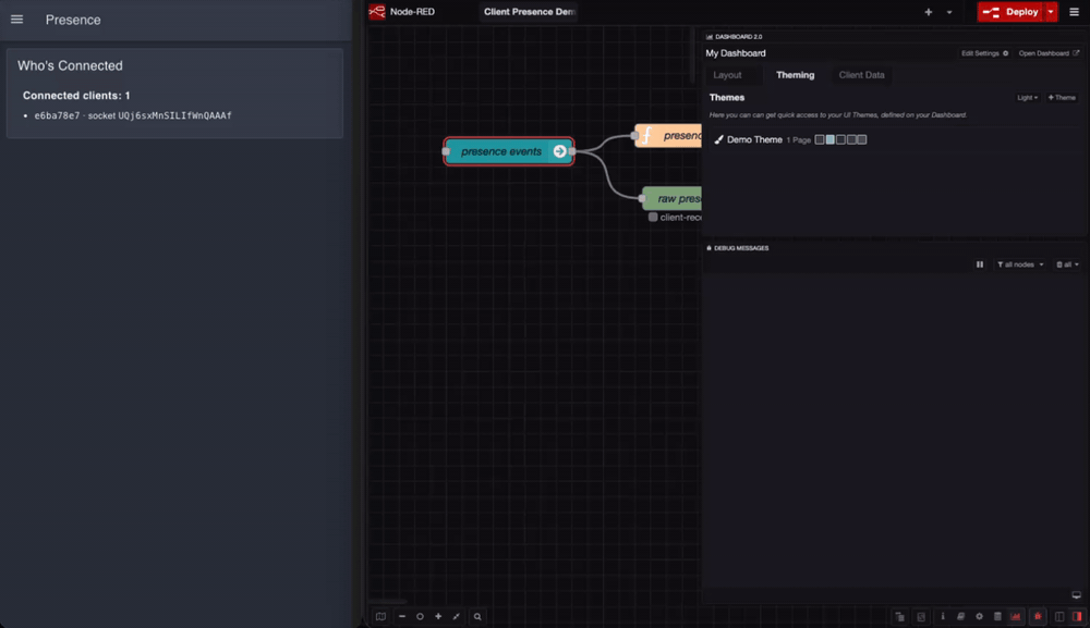A ui-control node set to Client Presence Events Only, with a debug node showing a client-connected message