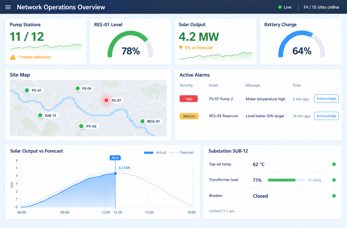 Network operations dashboard showing pump station status, reservoir and battery gauges, a site map, active alarms, solar output against forecast, and substation conditions